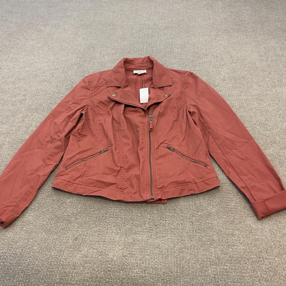 Ann Taylor Loft Jacket Womens Small Red Twill Moto Full Zip Pockets Lightweight